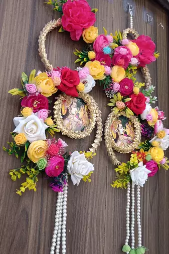  radha krishna floral wall hanging decorative door hanging with artificial flowers pearl tassels