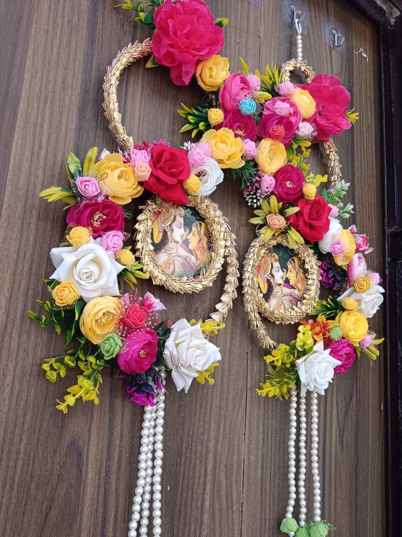  radha krishna floral wall hanging decorative door hanging with artificial flowers pearl tassels