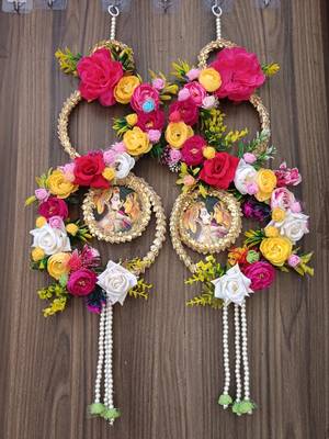 radha krishna floral wall hanging decorative door hanging with artificial flowers pearl tassels 3