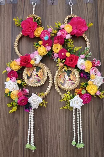  radha krishna floral wall hanging decorative door hanging with artificial flowers pearl tassels