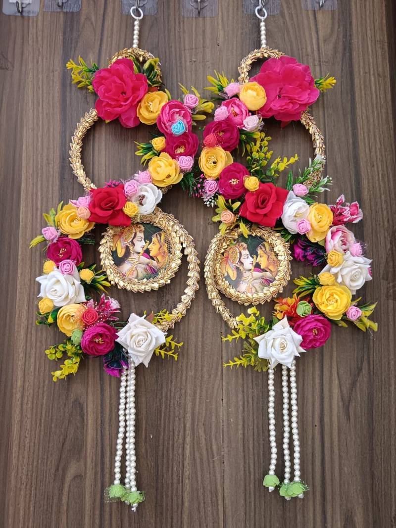  radha krishna floral wall hanging decorative door hanging with artificial flowers pearl tassels