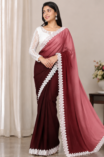 Maroon Color White Chikkan Less Border Silk Blend Saree