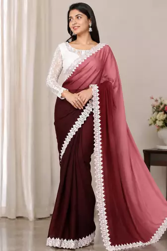Maroon Color White Chikkan Less Border Silk Blend Saree