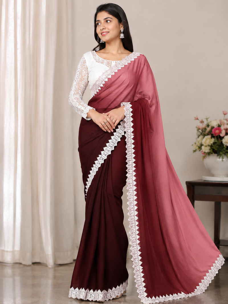 Maroon Color White Chikkan Less Border Silk Blend Saree