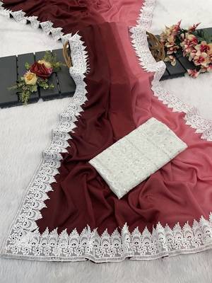 Maroon Color White Chikkan Less Border Silk Blend Saree 2