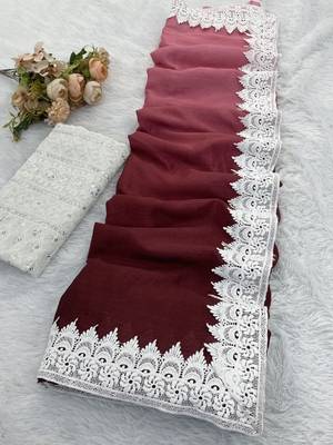 Maroon Color White Chikkan Less Border Silk Blend Saree 3