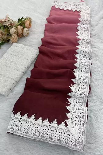 Maroon Color White Chikkan Less Border Silk Blend Saree