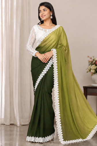 Parrot Green Color White Chikkan Less Border Silk Blend Saree
