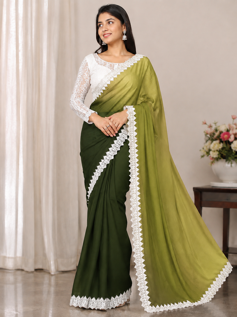 Parrot Green Color White Chikkan Less Border Silk Blend Saree