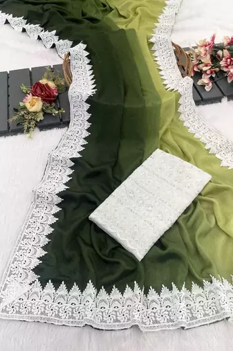 Parrot Green Color White Chikkan Less Border Silk Blend Saree