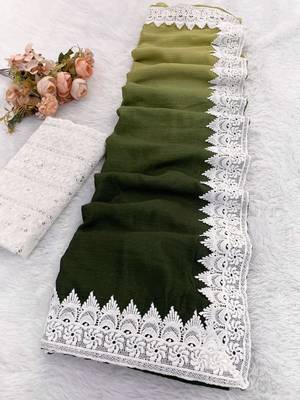 Parrot Green Color White Chikkan Less Border Silk Blend Saree 3