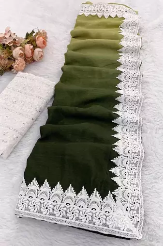 Parrot Green Color White Chikkan Less Border Silk Blend Saree
