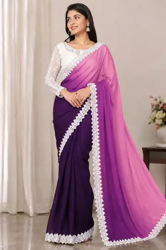 Plum Color White Chikkan Less Border Silk Blend Saree