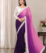 Plum Color White Chikkan Less Border Silk Blend Saree