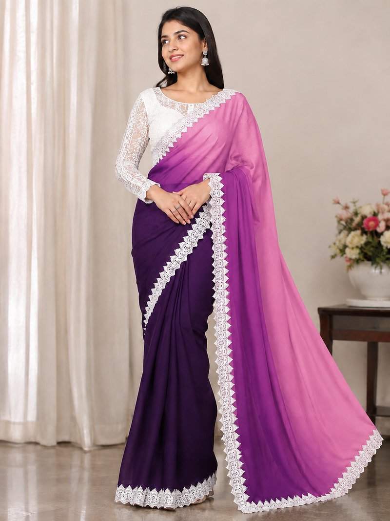 Plum Color White Chikkan Less Border Silk Blend Saree