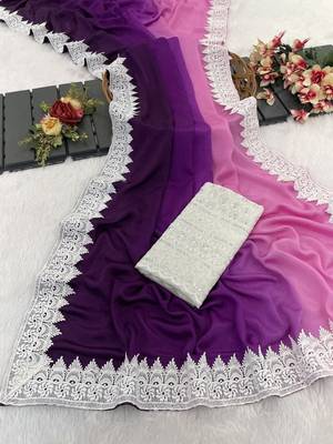 Plum Color White Chikkan Less Border Silk Blend Saree 2