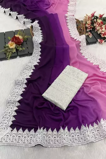 Plum Color White Chikkan Less Border Silk Blend Saree