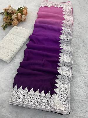 Plum Color White Chikkan Less Border Silk Blend Saree 3