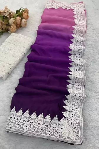 Plum Color White Chikkan Less Border Silk Blend Saree