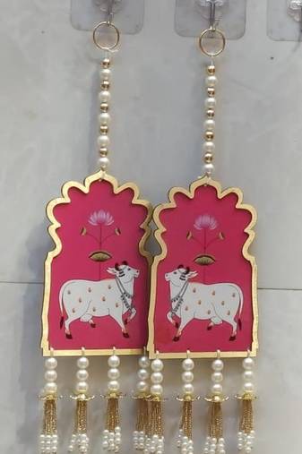  cow theme pearl beads wall hanging decorative latkan for home entrance pooja room festival decor pack of 2