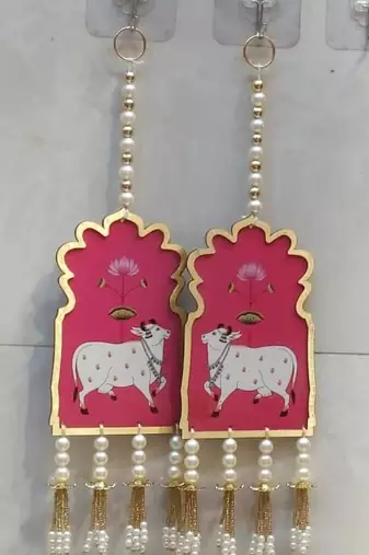  cow theme pearl beads wall hanging decorative latkan for home entrance pooja room festival decor pack of 2