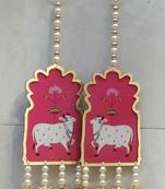  cow theme pearl beads wall hanging decorative latkan for home entrance pooja room festival decor pack of 2