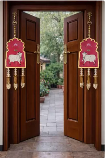  cow theme pearl beads wall hanging decorative latkan for home entrance pooja room festival decor pack of 2