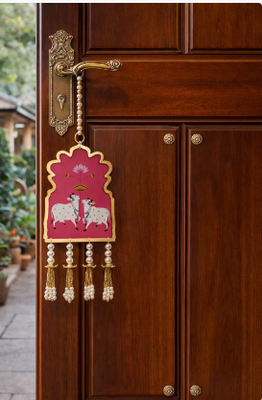  cow theme pearl beads wall hanging decorative latkan for home entrance pooja room festival decor pack of 2 3
