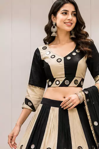 Multicolor Khadi Cotton Mirror Work Navratri Lehenga Choli Set