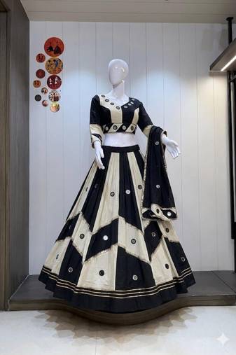 Multicolor Khadi Cotton Mirror Work Navratri Lehenga Choli Set