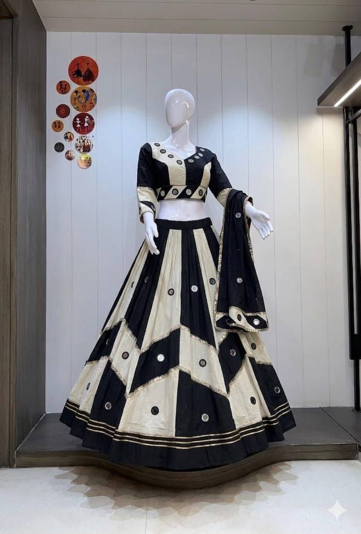 Multicolor Khadi Cotton Mirror Work Navratri Lehenga Choli Set