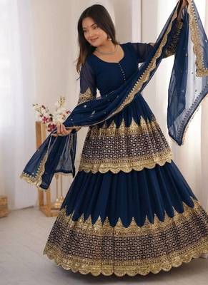 Royal Blue Embroidered Faux Georgette Lehenga Set 1