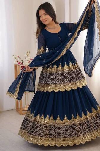 Royal Blue Embroidered Faux Georgette Lehenga Set