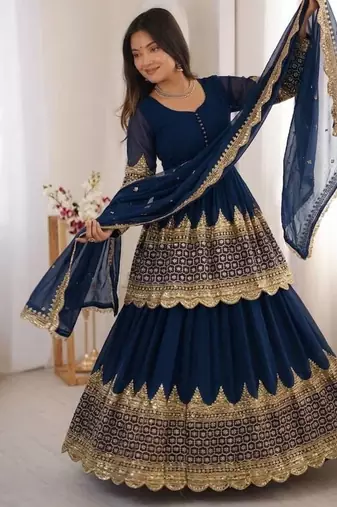Royal Blue Embroidered Faux Georgette Lehenga Set