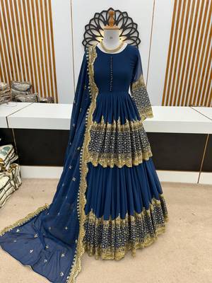 Royal Blue Embroidered Faux Georgette Lehenga Set 2