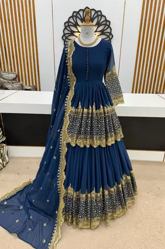 Royal Blue Embroidered Faux Georgette Lehenga Set