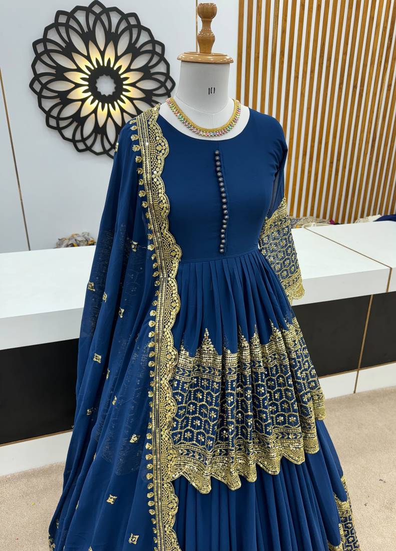 Royal Blue Embroidered Faux Georgette Lehenga Set