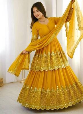 Yellow Embroidered Faux Georgette Lehenga Set 1
