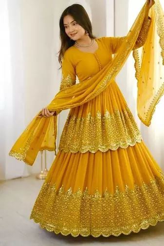 Yellow Embroidered Faux Georgette Lehenga Set