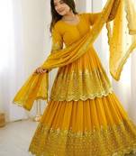 Yellow Embroidered Faux Georgette Lehenga Set