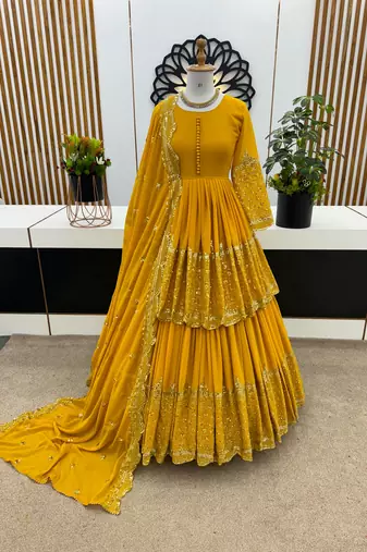 Yellow Embroidered Faux Georgette Lehenga Set