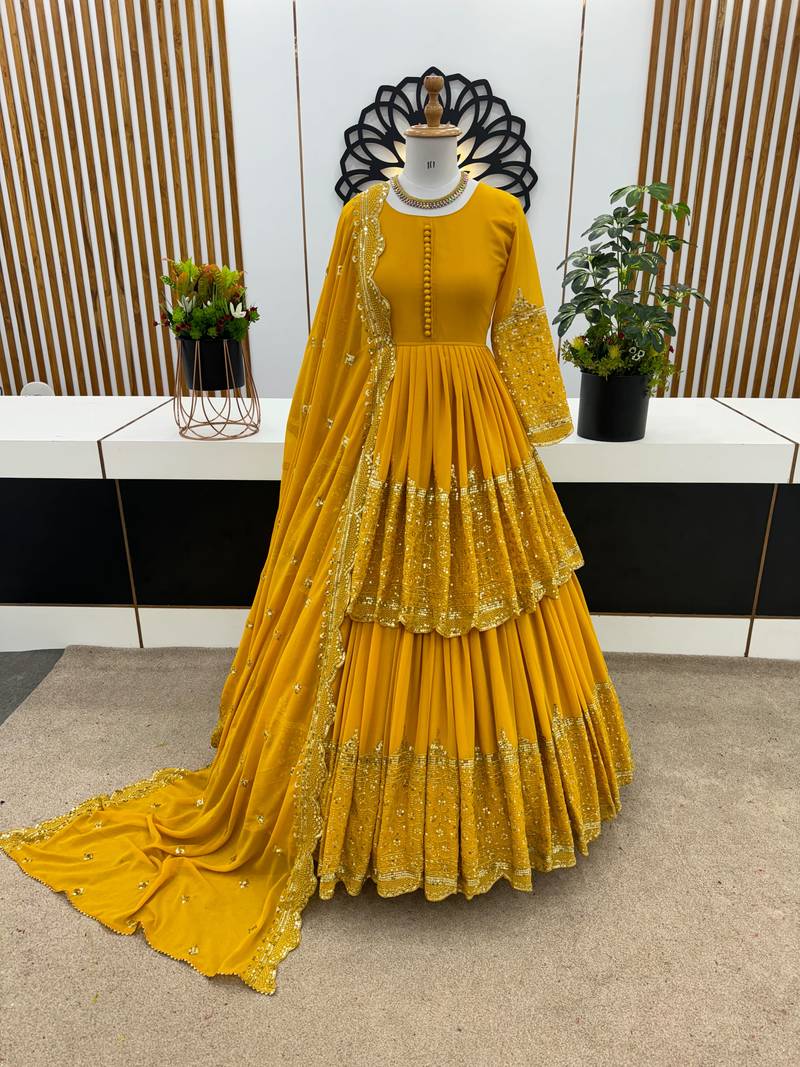 Yellow Embroidered Faux Georgette Lehenga Set
