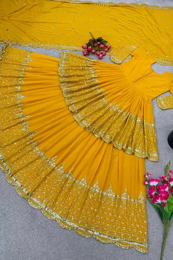 Yellow Embroidered Faux Georgette Lehenga Set