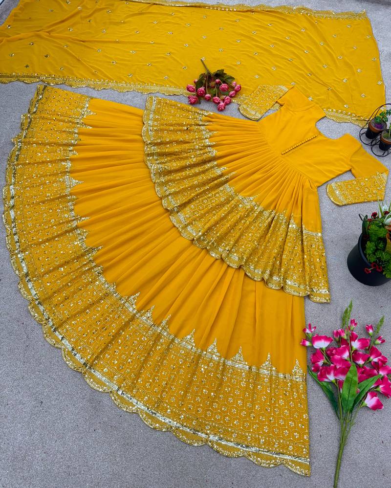 Yellow Embroidered Faux Georgette Lehenga Set
