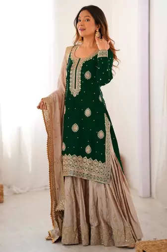 Green & beige designer sharara suit