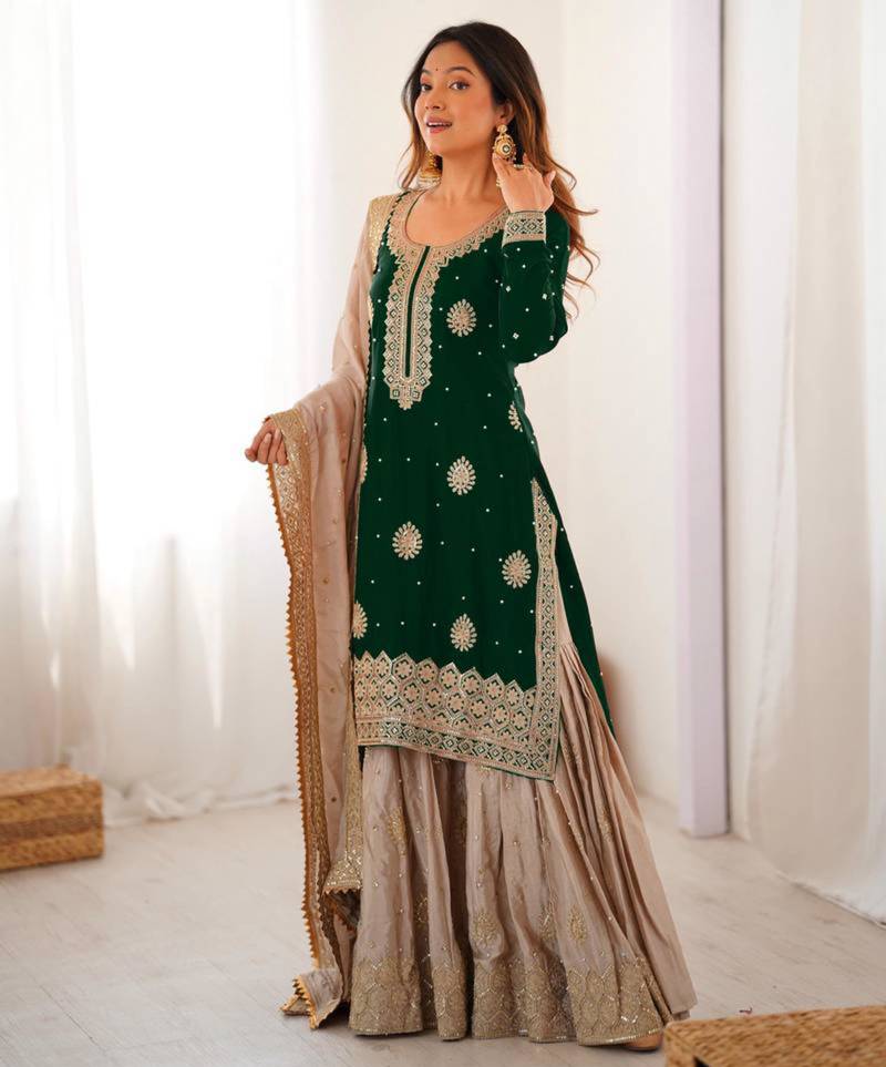 Green & beige designer sharara suit