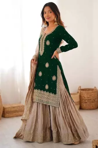 Green & beige designer sharara suit