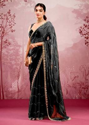 Black soft burberry silk blend saree with real mirror hand work & cutwork border 1