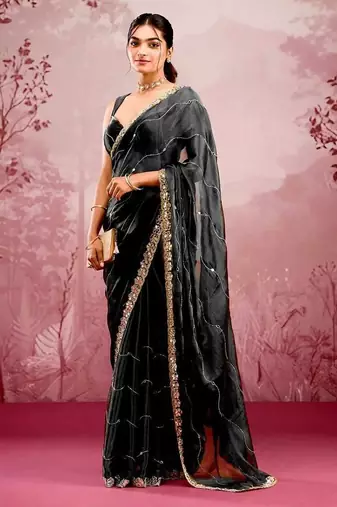 Black soft burberry silk blend saree with real mirror hand work & cutwork border