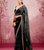 Black soft burberry silk blend saree with real mirror hand work & cutwork border